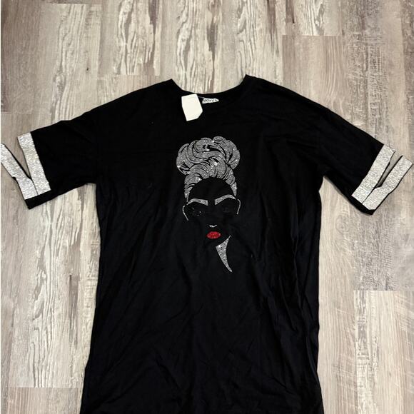 WHY Dress Black Rhinestone Graphic Face Tee Shirt Women’s XL Glam Sparkle - Picture 2 of 11
